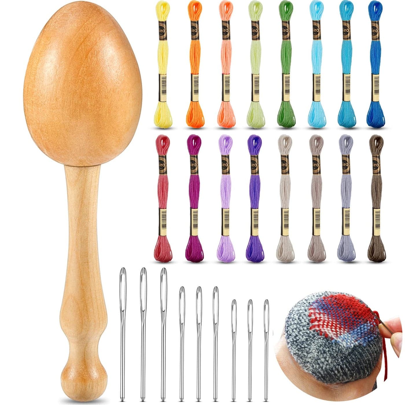 Jexine Darning Egg for Socks Wooden Darning Supplies Kit with Large Eye Needles Sewing Threads for Socks Clothes Adults Darner DIY Handicraft Home Sewing CareMultiple Color