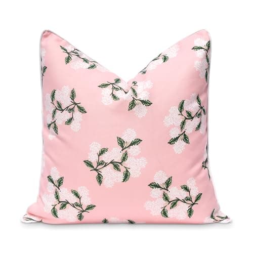 Hofdeco Premium Coastal Patio Indoor Outdoor Throw Pillow Cover Only 20x20 Water Repellent for Backyard Couch Blush Pink Print Hydrangea Flower