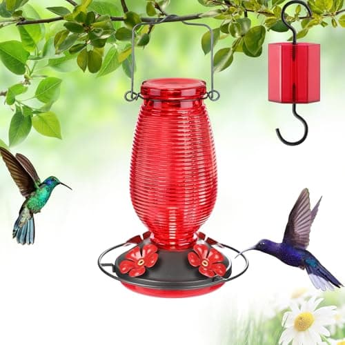 FEED GARDEN Glass Hummingbird Feeder for Outdoors Hanging 20 OZ Humming Birds Feeders with 4 Bee Guard Feeding Ports Builtin Ant Moat Bird Feeder for Outside Red 1 Pack