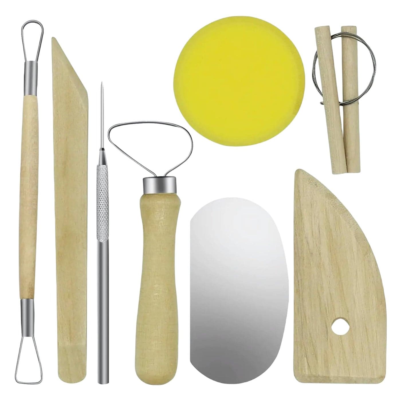 Evwoge 8Piece Pottery Tool Set Wooden Clay Sculpting Tools with Sponge Wire Cutter and Modeling Tools for Ceramics