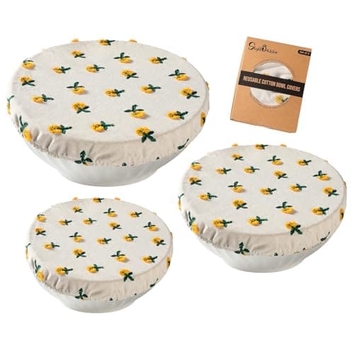 Reusable Bowl Covers for Bread Proofing Baking Embroidered Daisy Linen Cotton Cloth Fabric Washable with Elastic Cover for Food Fruit Salad Eco-friendly (Beige Daisy)