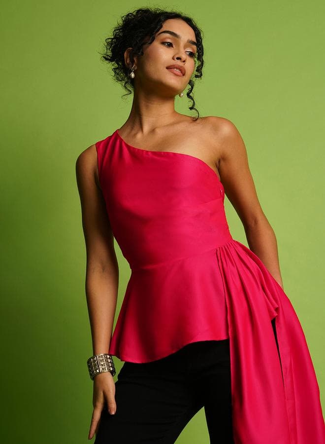 Globus Women Pink Solid One Shoulder Satin Peplum Top with Gathered Overlay — M