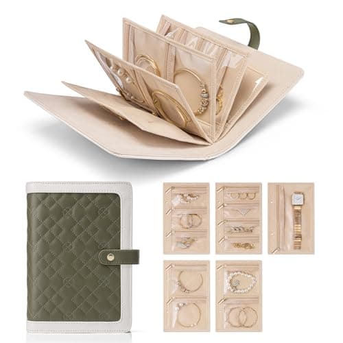 Vlando Travel Jewelry Organizer Case,Mom Gifts from Daughter,Jewelry Storage Book Ring Binder with Clear Zipper Velvet Jewelry Pouch Bag,Travel Essentials for Rings,Necklace,Earrings-Olive Green