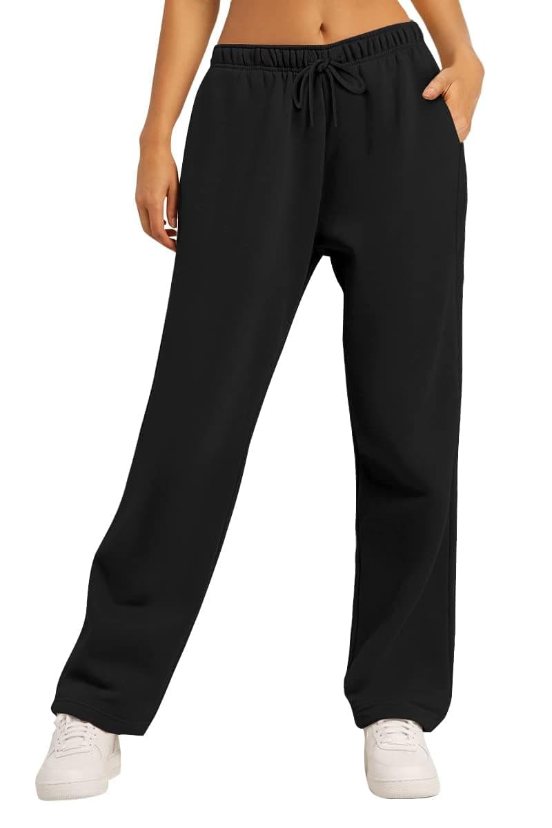 AUTOMET Women's Wide Leg Sweatpants Fleece Lined Baggy Straight Leg Lounge Pants Fall Outfits Athletic Joggers with Pockets Black M