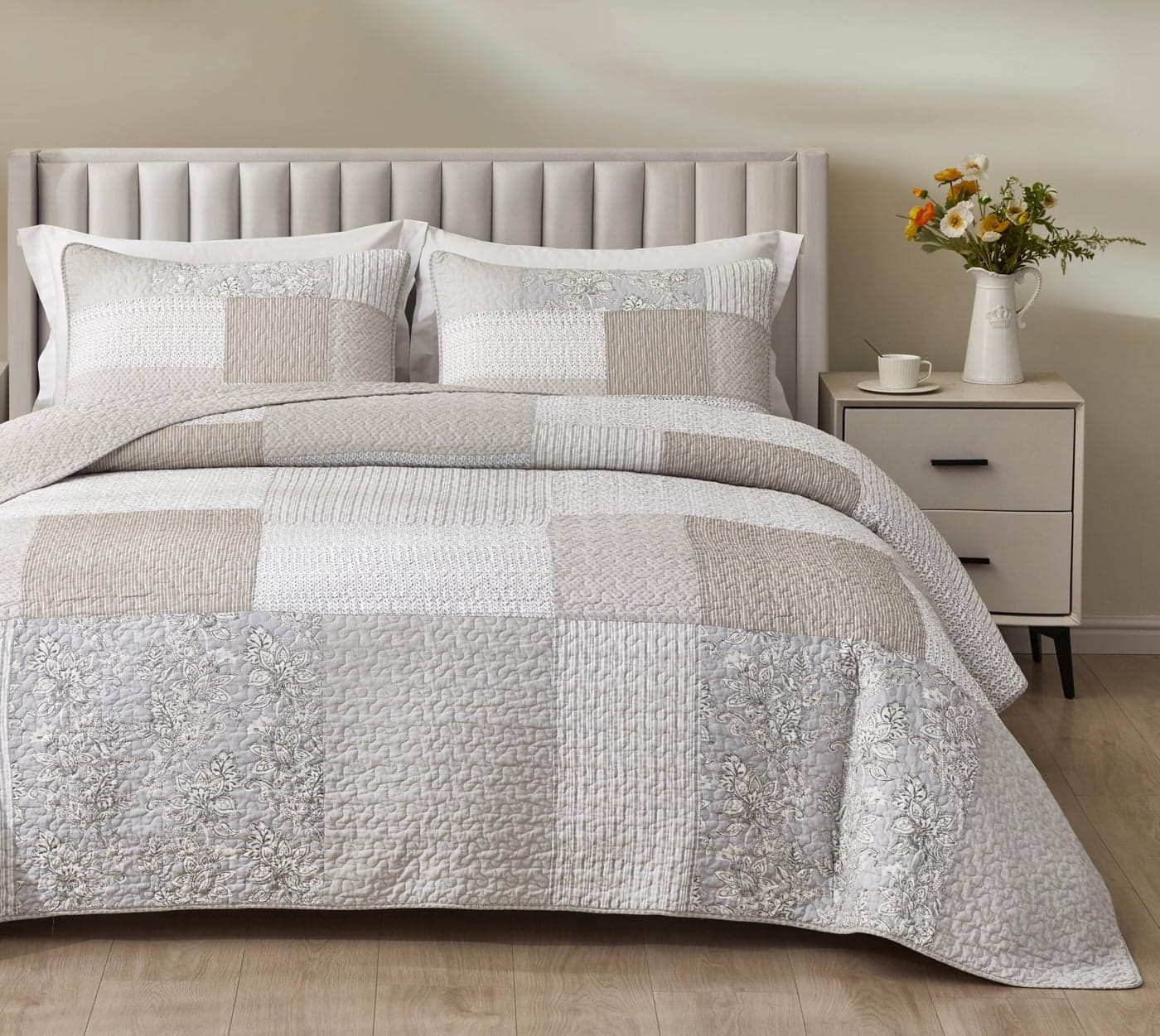 Chezmoi Collection Quinn 2Piece Neutral Taupe Gray White Floral Hibiscus Flower Candy Stripe Patchwork Quilt Set PreWashed Cotton Coverlet Lightweight Reversible Bedspread Twin Size