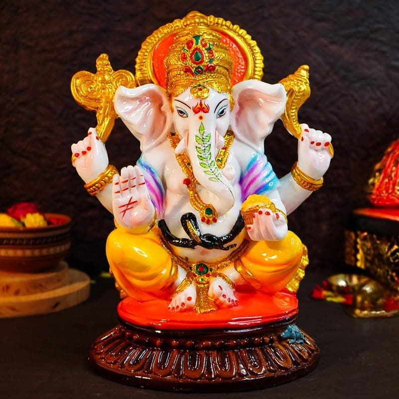Ekhasa Aura Series Big Size Marble Dust Ganesha Idol 1 Feet Handpainted Ganesh Murti for Pooja Room Home Decor Office Desk Resin Vinayagar Statue for Diwali Puja Vinayaka Idol for Gifting