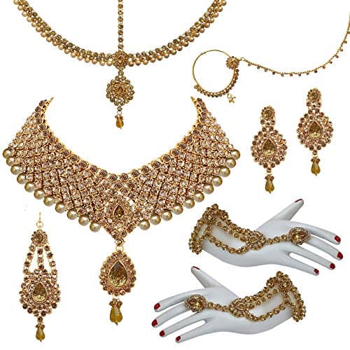 Lucky Jewellery Bridal Dulhan Designer 18k Gold Plated Gold Color Pearl Stone Set 8 pcs. for Women & Girls (3630-IZS-1611SM-LCT)