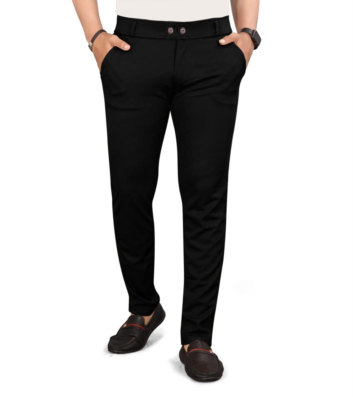 HARSHAD KUMAR & CO. Men's Solid Lycra Slim Fit Stretchable Casual Wear Comfortable Formal Trousers Mid Rise Pants (34, Black)