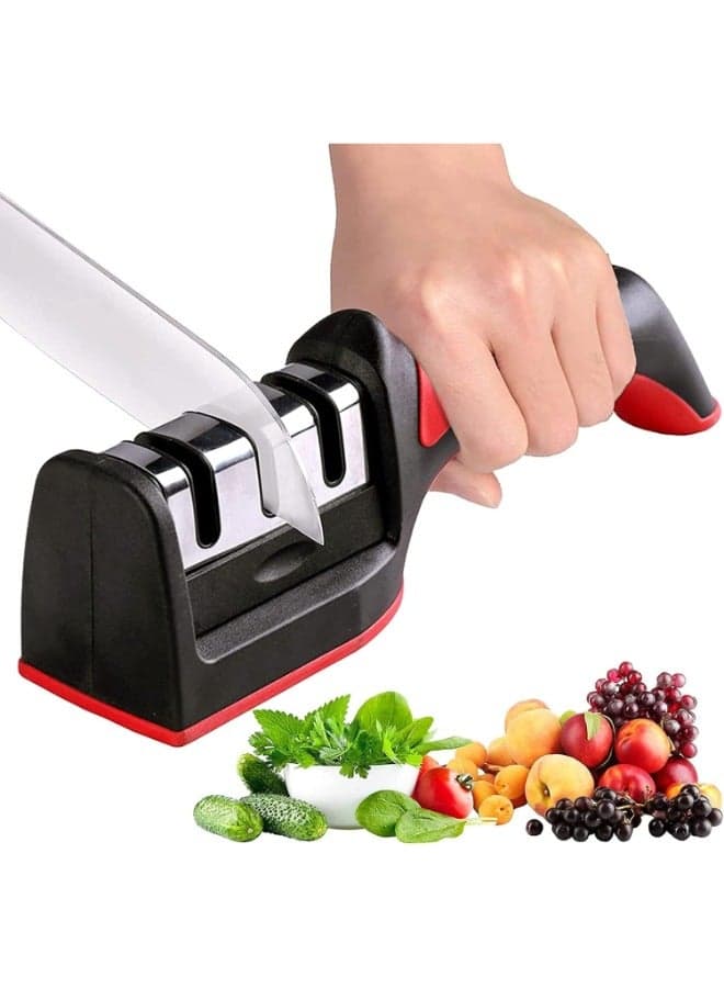 ZAMZIN Professional Knife Sharpener – 3-Stage Manual Kitchen Knife Sharpening & Polishing Tool, Ergonomic Handle, Anti-Slip Base, Easy-to-Use Sharpener for Straight Knives, Chef & Household Use, Black