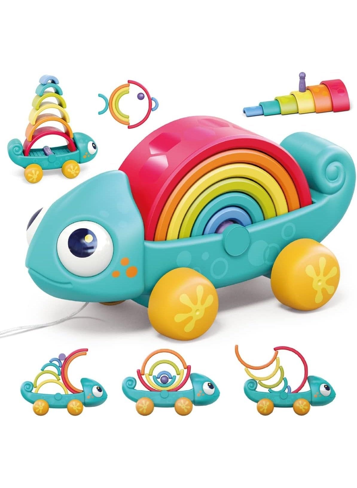 Hola Montessori Toy for Toddlers 1–3 Years, Rainbow Stacking & Sensory Pull Toy Set, Chameleon Push & Pull Car, Preschool Educational Learning Toy