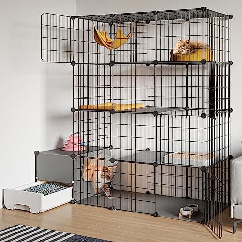 Oneluck Cat Cage with Litter Box,4-Tier DIY Enclosures Large Playpen Detachable Metal Wire Kennel Indoor Crate Large Exercise Place Ideal for 1-2 Cats (41.3" L x 17.8" W x 55.1" H)