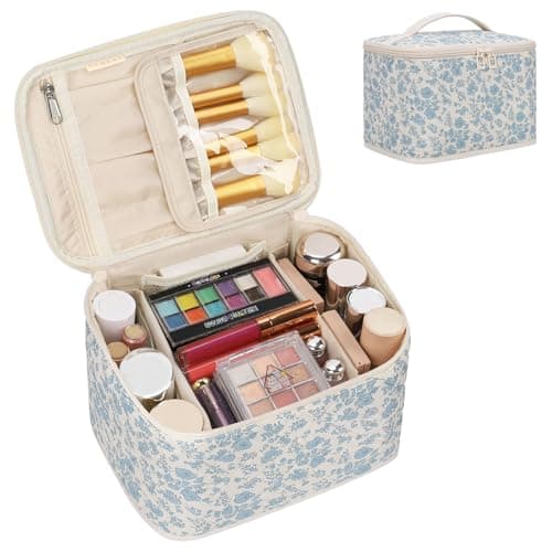 OCHEAL Travel Makeup Bag Cosmetic Bags for Women Makeup Case Organizer Large Capacity Travel Toiletry Bag Storage Bags with Divider and Handle for Cosmetics Toiletries Brushes ToolsBlue Floral
