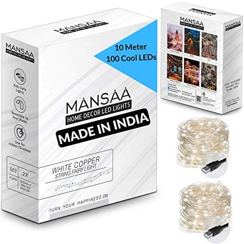 MANSAA 100 LED Fairy String Lights 10 Meter Copper Wire, USB Powered Warm White Lights for Bedroom, Diwali, Wedding, Party, Curtain, Balcony & Home Decoration Lighting (Pack of 2, 18 Months Warranty)