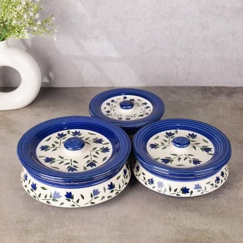 Niyara Premium Ceramic Casserole Set with Lids – Handcrafted Serving Bowls for Hot Food, Microwave & Dishwasher Safe – Perfect for Festive & Everyday Use – Set of 3 (Blue leaf)