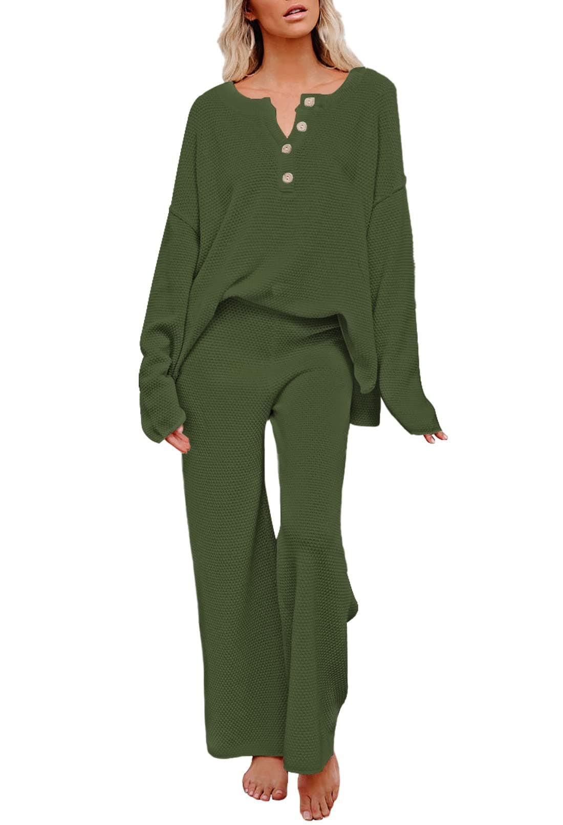 Pink Queen 2 Piece Matching Sets Women Clothing Knit Outfit Buttons Christmas Sweater Top Long Pants Sweatsuit Loungewear Green S