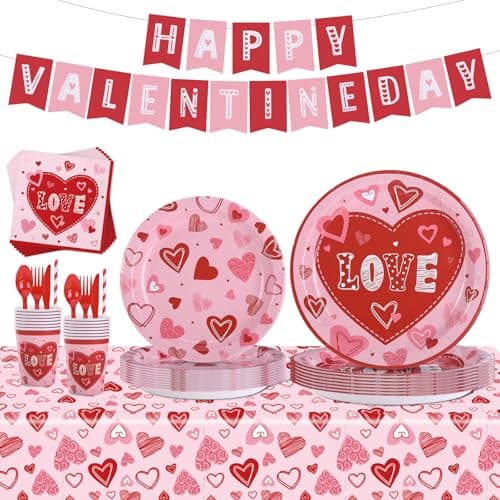Valentines Day Heart Love Disposable Tableware Set 194 Pcs Serves 24 Romantic Paper Plates Cups Napkins Forks Spoons Knives for Valentines Day Party Wedding Reception Anniversary Dinner Supplies