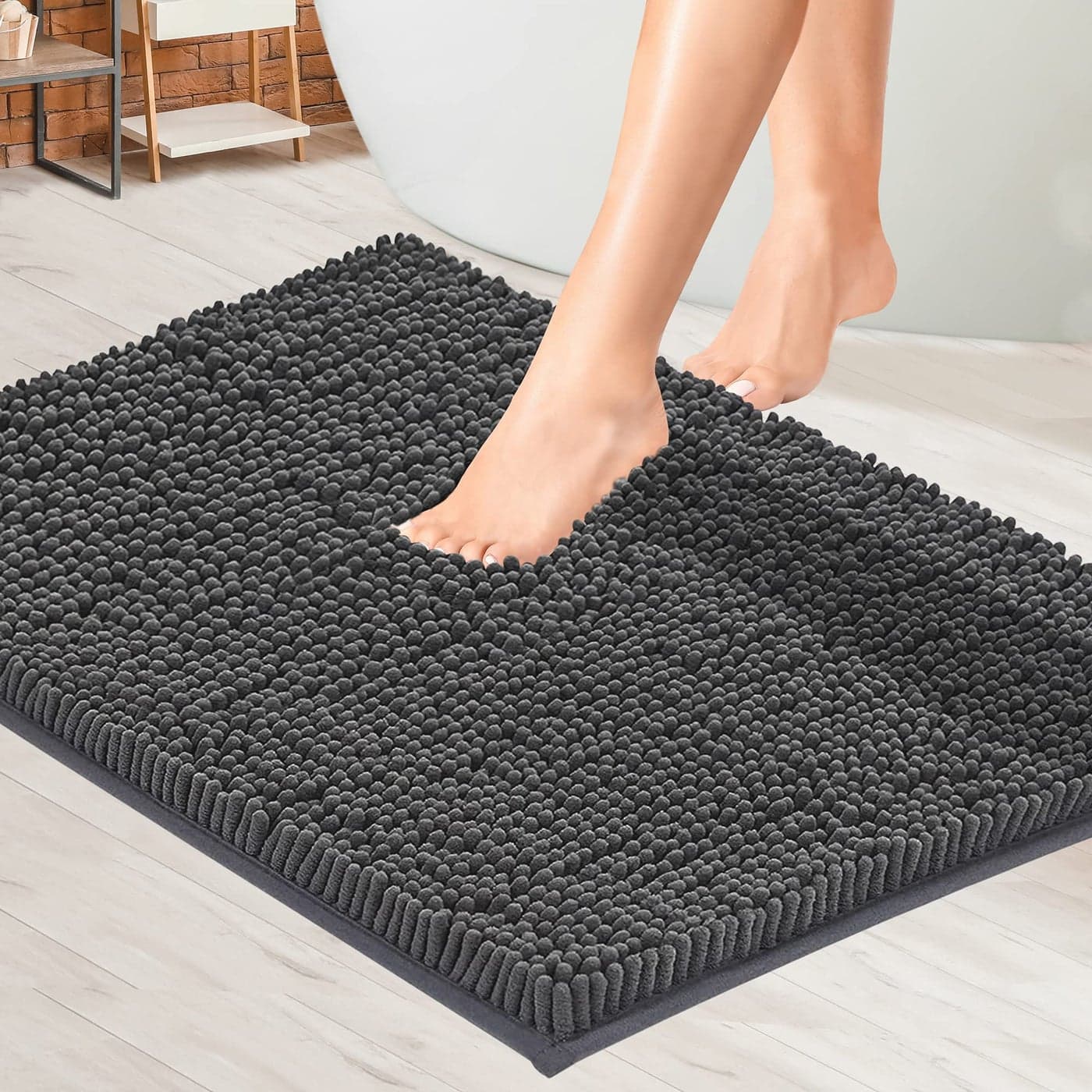 MAYSHINE Chenille Bath Mat Non Slip Absorbent Machine Washable Toilet Mat Soft Plush Bathroom Rug Bathroom Accessory Charcoal Grey 50x80cm