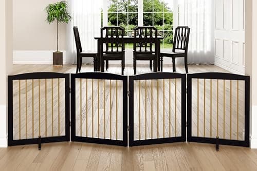 PUPETPO Freestanding Pet Gate for Dogs Foldable Wooden Dog Gate for House Indoor Dog Gate for Stairs Doorways Step Over Pet Puppy Safety Fence 80 Inch Wide 4 Panels 24 Black Gold