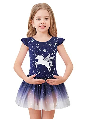 EQSJIU Ballet Leotards with Skirts For Girls Unicorn Size 6-7 Years Old Navy Royal Blue Dark Galaxy Cosmos Stars Starry Moon Sequins Tulle