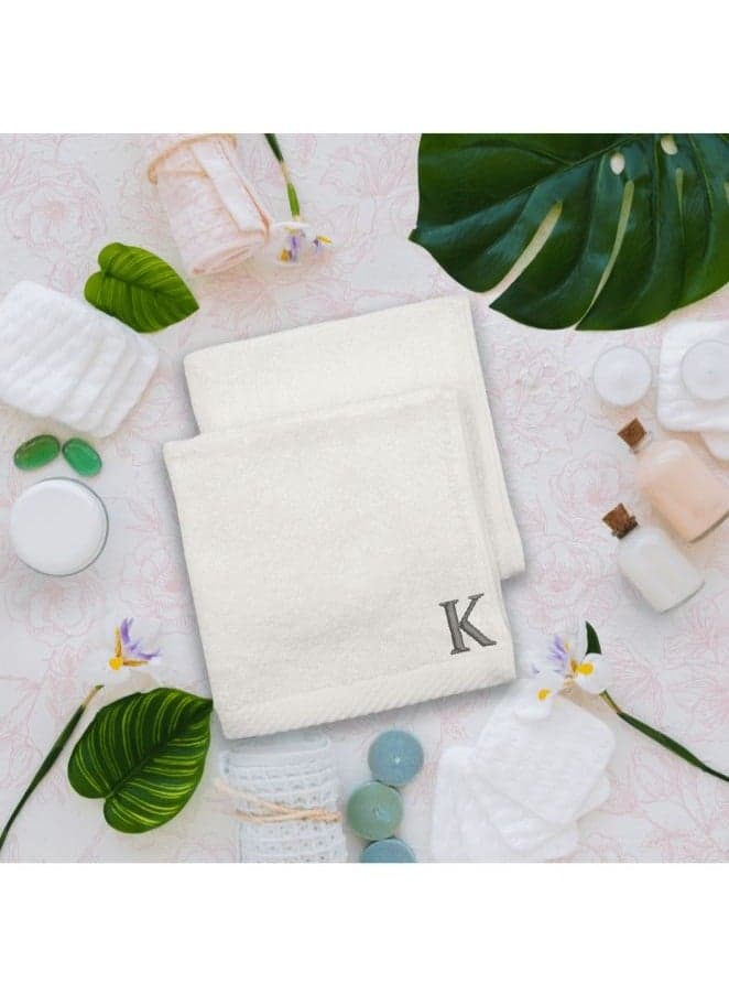 Embroidered For You (White) Monogrammed Face Towel (33 x 33 Cm - Set of 6) 100% Cotton, Absorbent and Quick dry, High Quality Bath Linen- 600 Gsm Silver Thread Letter "K"