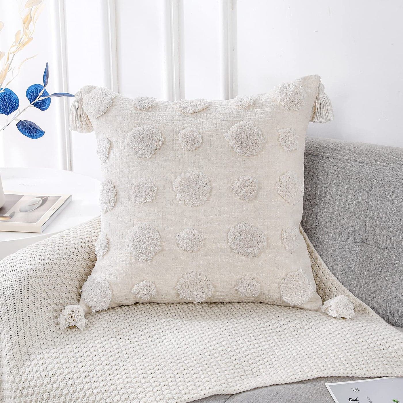PANOD Super Soft Farmhouse Decorative Plush Throw Pillow Covers 16 x 16 WhiteSolid Pom pom Tufted with Tassels Modern Accent Boho Square Cushion Cover Pillow Case for Couch Sofa