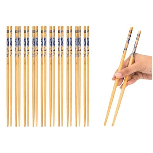 10 Pairs Reusable Bamboo Chopsticks – 24cm Japanese Chinese Style with Blue Floral Design | Eco-Friendly Wooden Chopsticks Set for Sushi, Noodles & Asian Cuisine