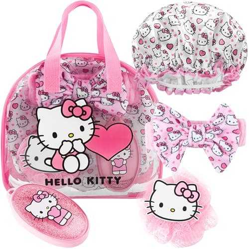 Get Trend Hello Kitty Sanrio Shower Accessories Set, Kawaii Toiletry Bag for Girls, Teens, Women with Shower Cap Headband Bath Sponge Gifts (Pink Hello Kitty)