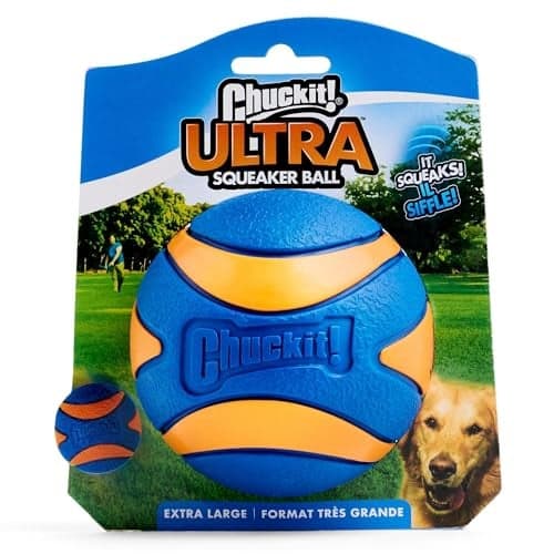Chuckit Ultra Squeaker Dog Ball - Extra Large Bouncy and Squeaky Pet Toy for Dogs 100+ lbs - Floats on Water - Durable Rubber - Size XL - 3.5" Diameter - Pack of 1