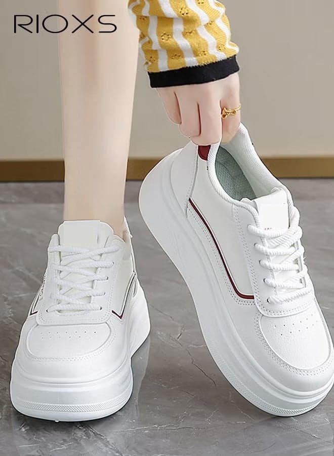 Women's Low-Top Sneakers, Chunky Platform Sneaker for Women, Stylish Thick Soled Walking Shoes, Classic Lace-ups Height-enhancing Athlesiure Shoes, Ladies Comfort Tennis Shoes, Non-slip Shoes for Outdoor Activities/ Everyday Wear/ Work and Travel, Woman Fashion Sneaker, White Red