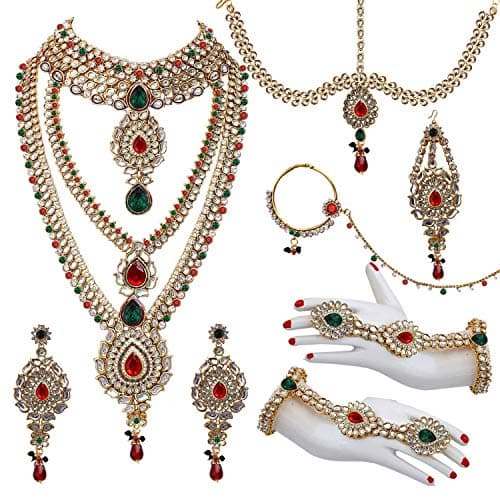 Lucky Jewellery Designer Gold Plated Dulhan Bridal Jewelry Set 8 Pcs. for Girls & Women (WZK-RED-G)