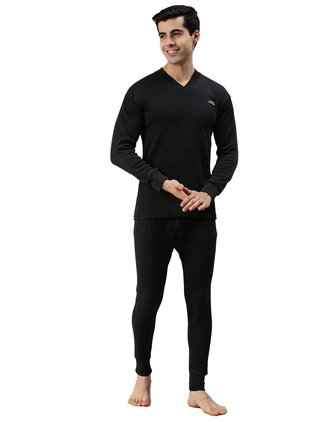 Lux Cottswool Men's Cotton Thermal Set (COTT_Black_FS_Vneck_TRO_Set_S-80)