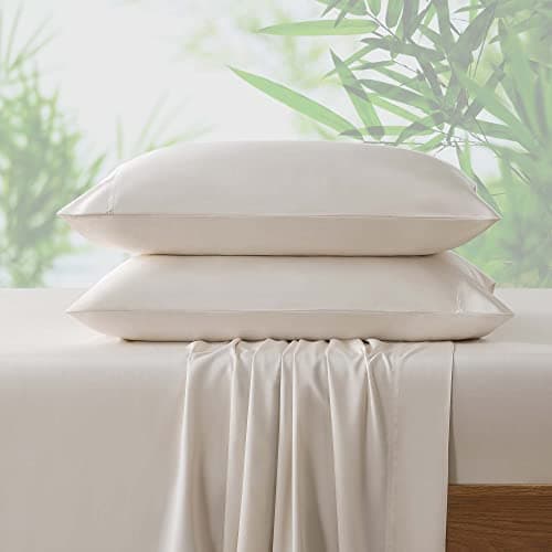 King Size Sheet Set 100 Organic Bamboo Fiber Bed Sheet Set 4 Piece 1 Flat Sheet 1 Fitted Sheet 2 Pillowcases 210 Thread Count 125GSM 16 Deep Pocket Hypoallergenic Cooling Bedding