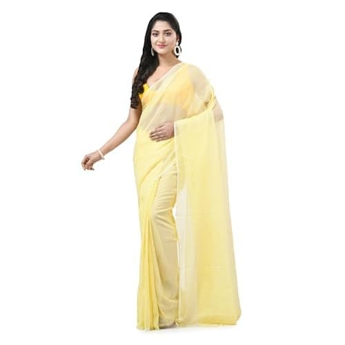 dB DESH BIDESH Women`s Fancy Trendy Solid Transparent Design Pure Cotton Handloom MulMul Saree (Yellow)