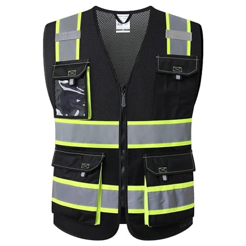 JKSafety Hi Vis Reflective Safety Vests for Men Women High Visibility Vest with Pockets Mesh Fabric Construction Safety Apparel Neon Vest for Work (220-Black 4XL)