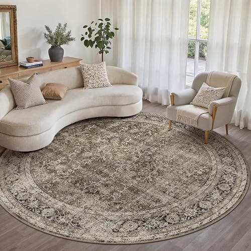 PureCozy Brown Round Area Rug 6ft Washable 6x6 Circle Vintage Low Pile Indoor Large Kitchen Living Room Carpet Non Slip Traditional Distressed Retro Accent Throw Rug Office Dining Room