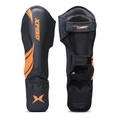 XPEED XP1806 Shin Pad/Shin Guard for Men and Women | Training Practice and Sports | Ultra Light Weight Shinguard with Ankle Adjustable | Hook and Loop Closure System (L, Orange)