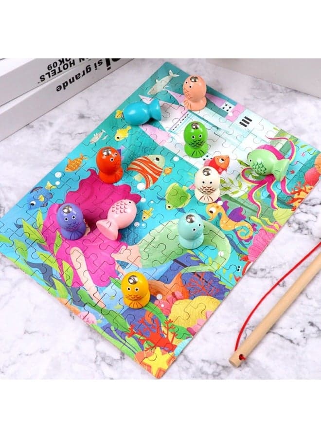Two-in-one Jigsaw Puzzle Magnetic Three-dimensional Fishing Children's Intelligence Assembled Board Game Baby Enlightenment Early Education Wooden Toys-Color:Two-in-one Puzzle Fishing-BTE