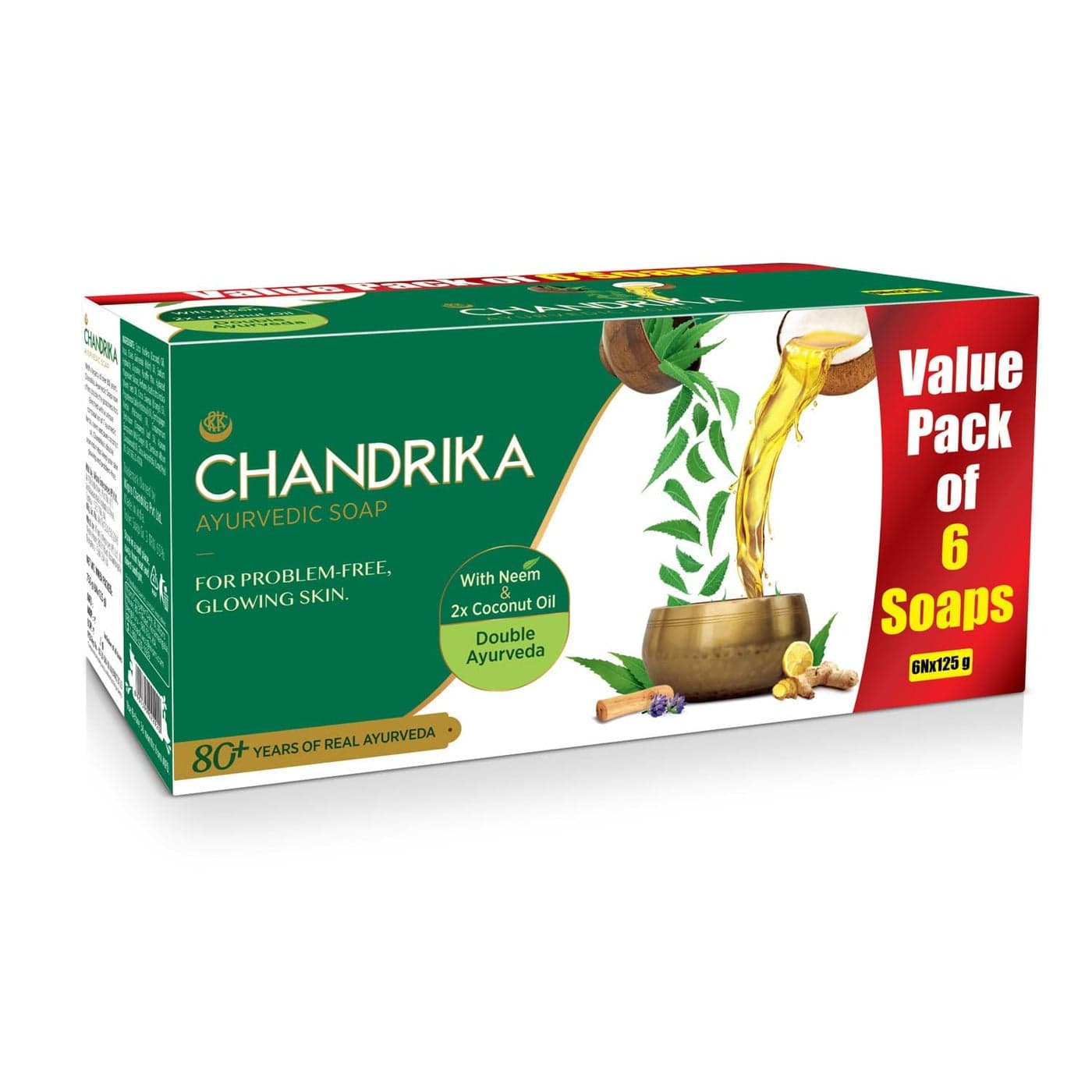 Chandrika Ayurvedic Soap Classic Handmade Soap for Naturally Radiant Skin For All Skin Types 125g Pack of 6