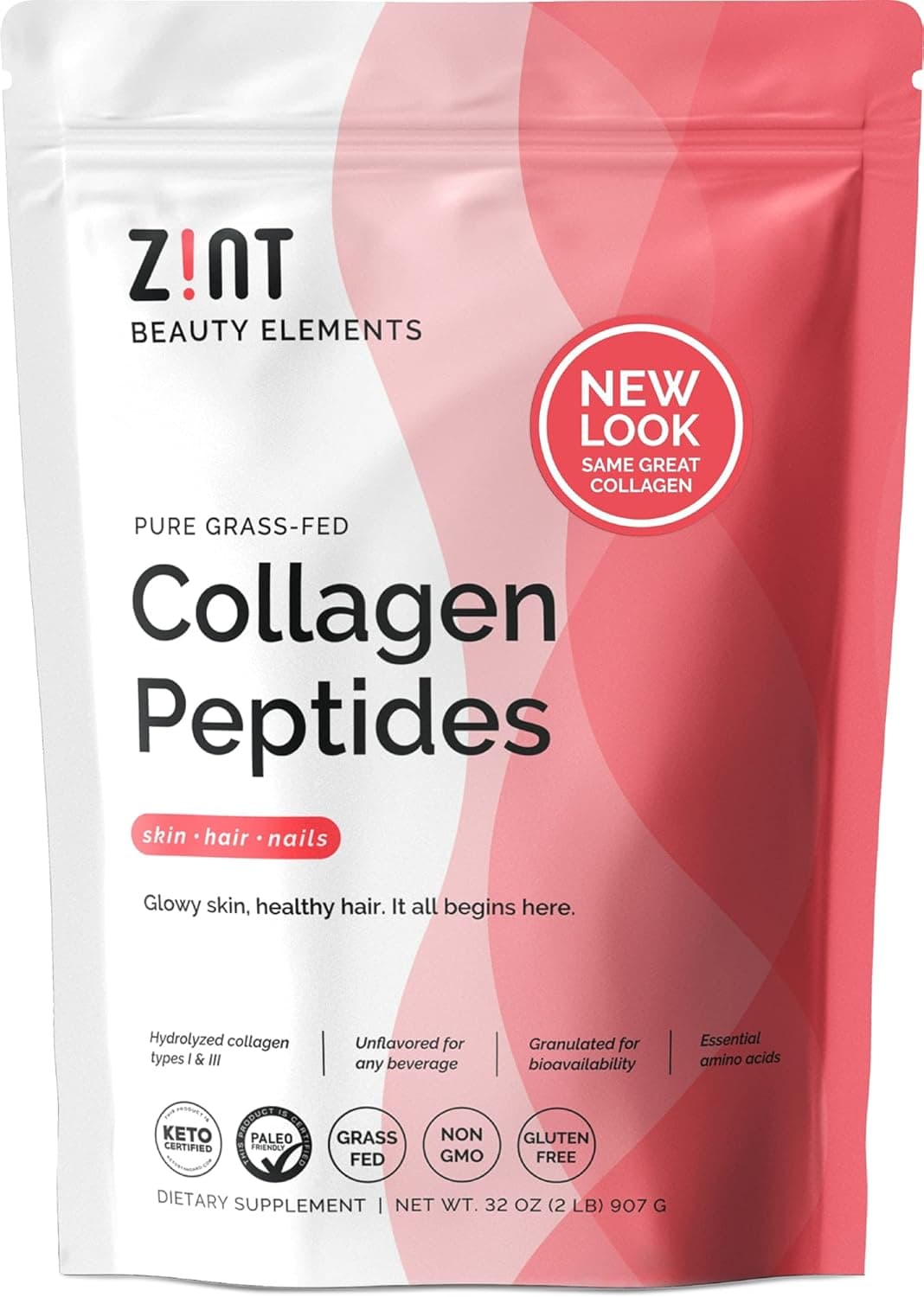 Zint Collagen Peptides Powder 32 oz GrassFed Hydrolyzed Type I III Supports Skin Hair Joints Gut Health Rich in Key Amino Acids PaleoFriendly Keto NonGMO Unflavored