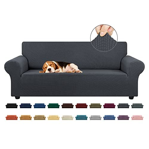 KEKUOU Stretch Sofa Cover Slipcover ,Couch Covers for 3 Cushion Couch Sofa pet Friendly (78"-94") Furniture Protector Sofa with Elastic Bottom for Kids,Dog, Jacquard Small Checked(Large,Charcoal)