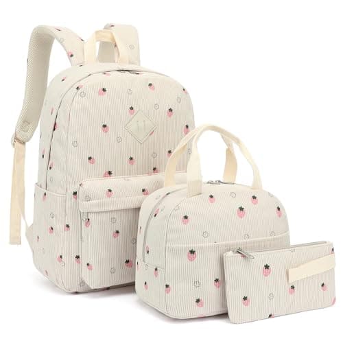 Xunteny Corduroy School Backpack Girls Kids Teens School Bookbags Schoolbag Set with Lunch Box Pencil Bag (Pink Strawberry)