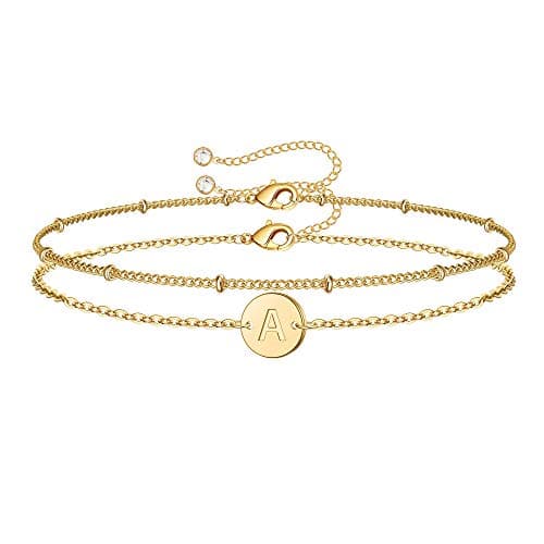 MONOZO Gold Initial Bracelets for Women Christmas Gifts, 14K Gold Plated Plated Layered Beaded A Letter Initial Bracelet Personalized Disc Monogram Charm Bracelets for Women Birthday Christmas Gifts