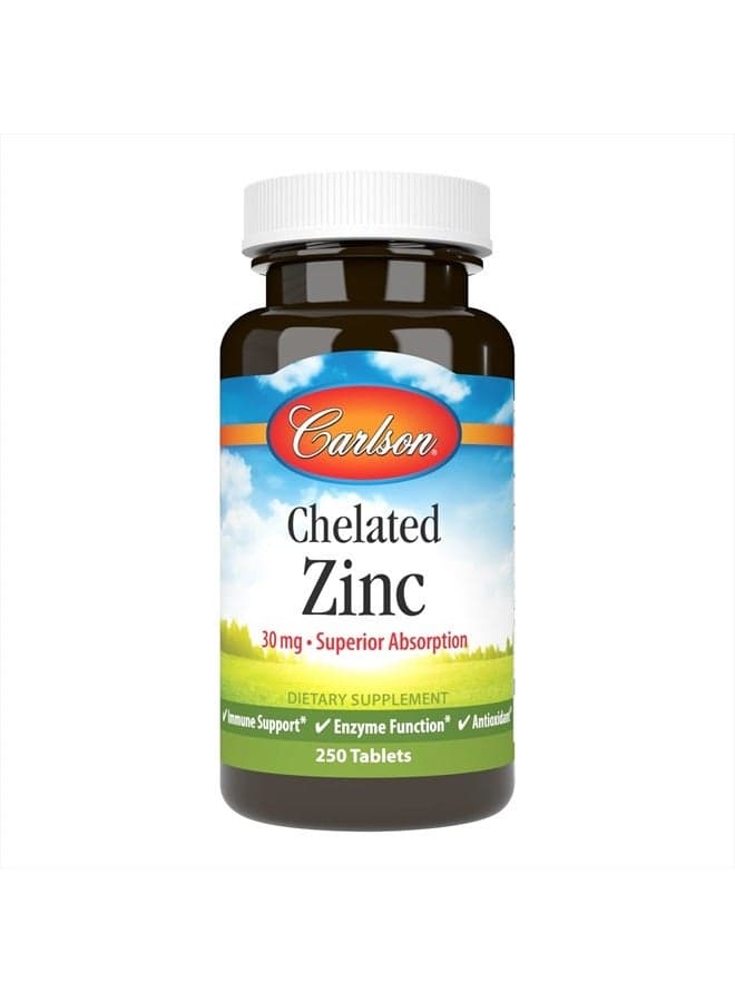 Chelated Zinc, 30 mg, Chelated Zinc Supplement, Zinc Glycinate Chelate, Superior Absorption, Immune Support & Enzyme Function, Zinc Tablets, Antioxidant, 250 Tablets