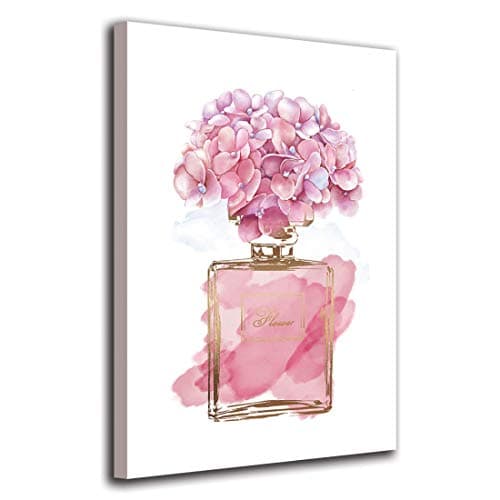 Pink Flowers Wall Art Fashion Canvas Pictures Girls Bedroom Wall Decor Watercolor Hydrangea Contemporary Canvas Artwork Botanic Perfume Bottle Living Room Bathroom Decor Framed Ready to Hang 16" x 24"
