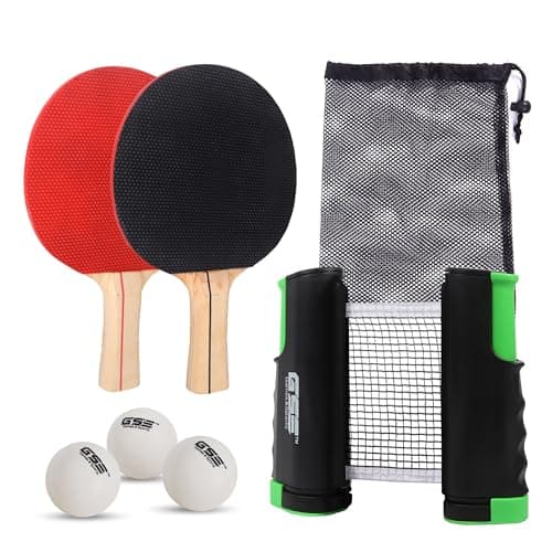 GSE Games & Sports Expert Ping Pong Paddle Set, Portable Table Tennis Set with Black Retractable Ping Pong Net & Post, 2 Paddles & 3 Balls, Anywhere to-Go Ping Pong Game for Any Tables