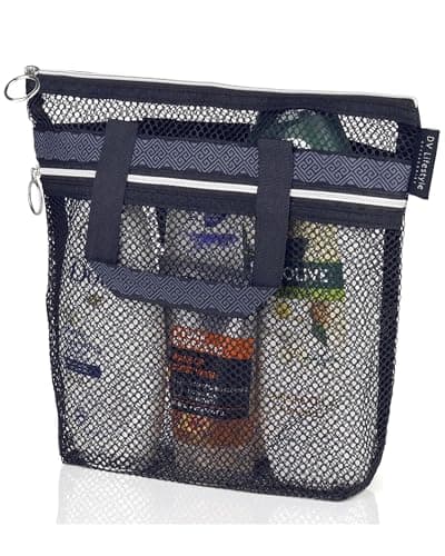 DV Lifestyle Mesh Shower Bag 102x99 QuickDry Caddy with Zipper 2 Pockets Portable Toiletry Tote for Bathroom Gym Travel Camp Beach for Sunscreen Dorm College Essentials Black
