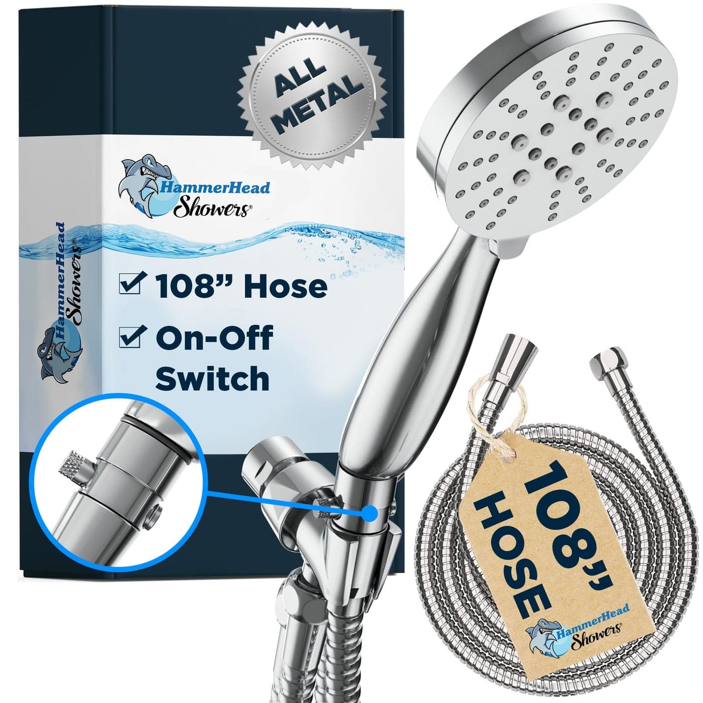 HammerHead Showers Solid Metal 3Spray Handheld Shower Head with Extra Long Hose and Shutoff Valve Chrome Perfect Dog Shower Head Attachment with 3 High Pressure Sprays 25 GPM