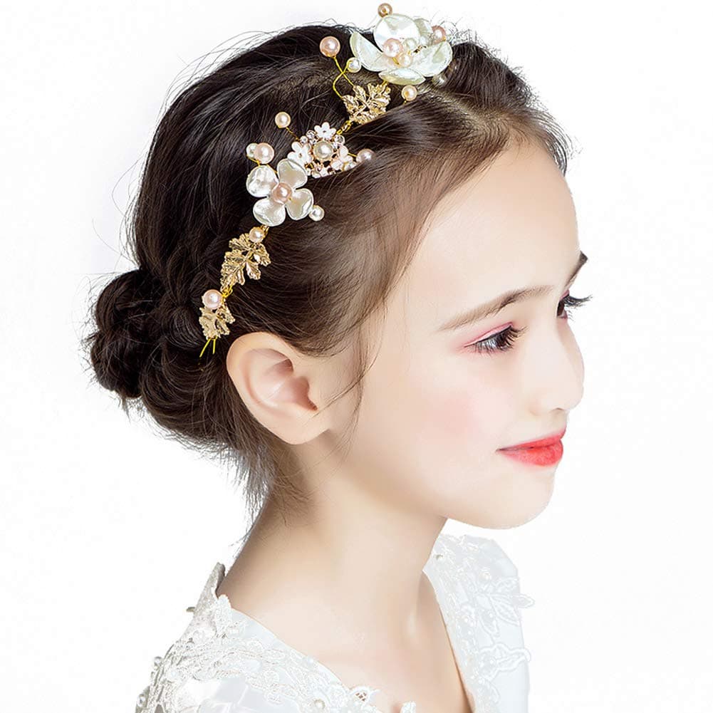 PRDGIRL Kids Wedding Hair Accessories Floral Princess Headpiece Pearls Tiara First Communion Hair Band for Girls and Women Sweet Cute Bridal Wedding Headband for Flower Girls and Bridesmaid Gold