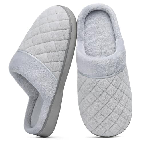 Litfun Unisex Wide House Slippers for Women Men Memory Foam Indoor Bedroom Shoes, Grey 39