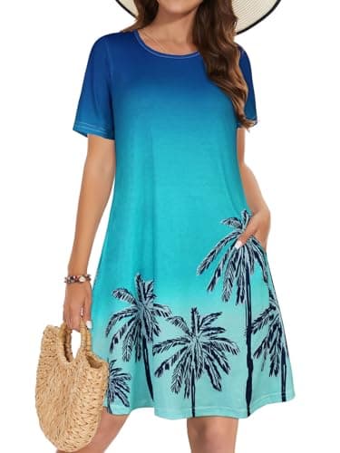 Summer Dresses for Women Casual Short Sleeve Loose Beach Cover Up Scoop Neck Floral Sundress with Pockets(Blue Hawaiian Tree, 3XL)